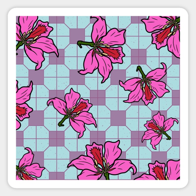 Bauhinia Flower with Blue and Pink Tile Floor Pattern - Summer Flower Pattern Sticker by CRAFTY BITCH